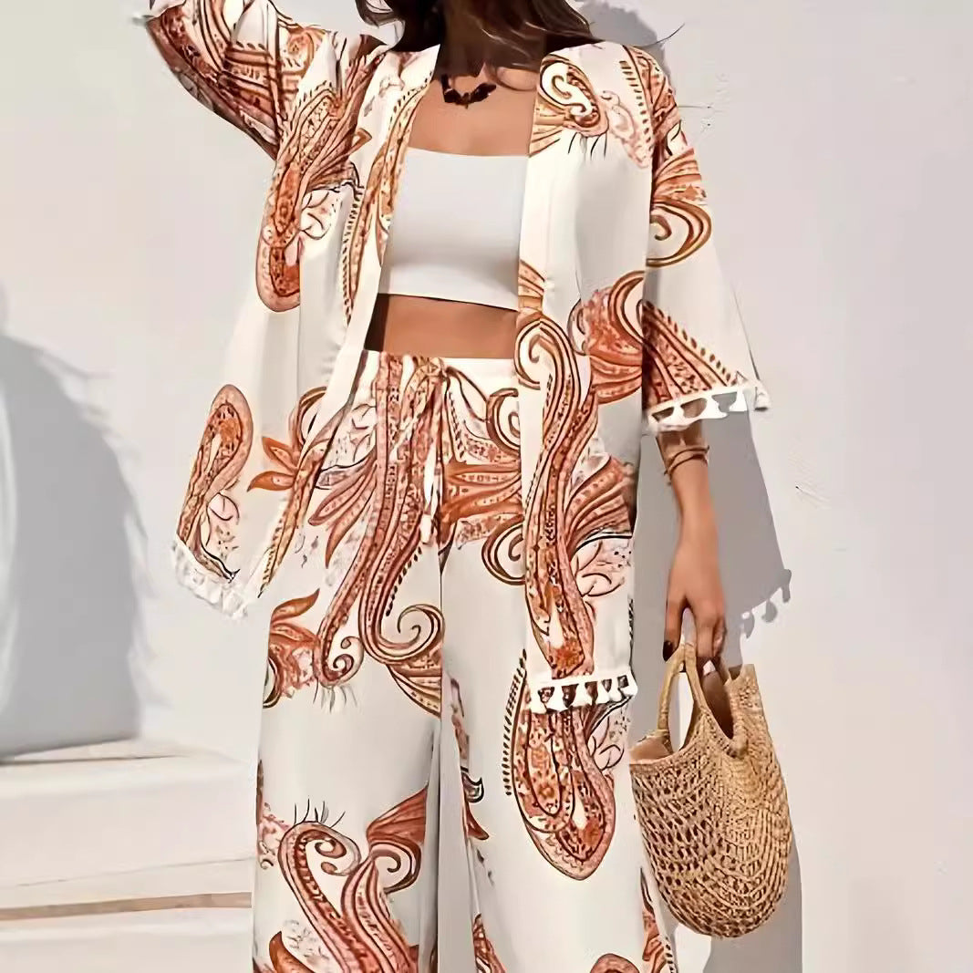 Women’s Kimono Set – Wide Leg Trousers – Tassel Hem – Paisley Print – Relaxed Fit