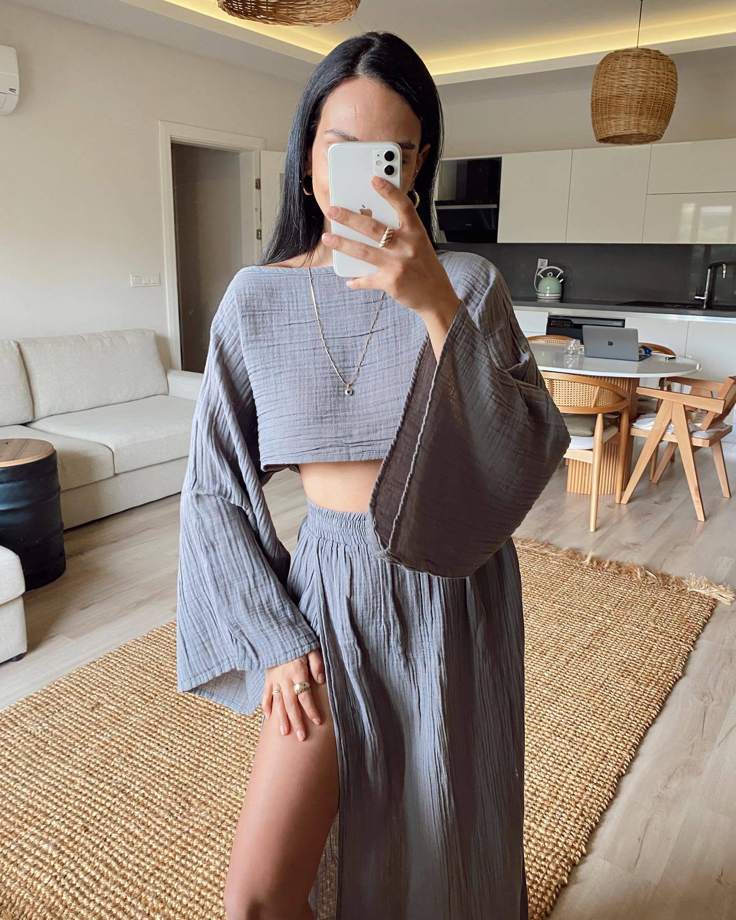 Women’s Two-Piece Set – Relaxed Fit – Boat Neck – 3/4 Wide Sleeves – High Slit Maxi Skirt