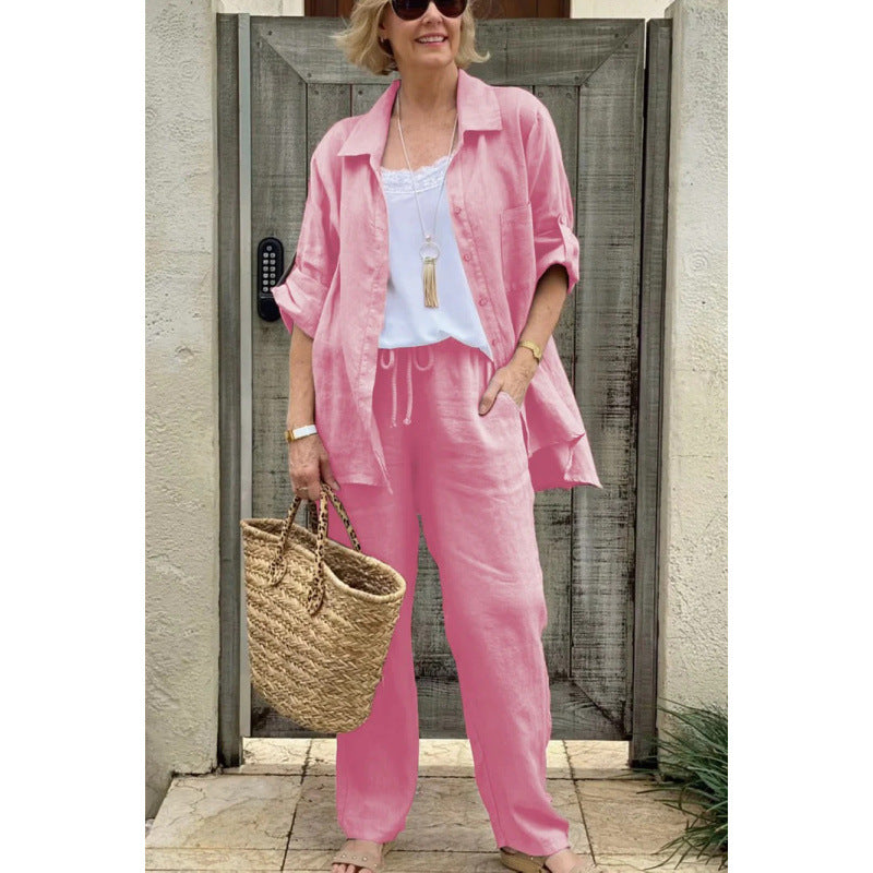 Women’s Shirt – Relaxed Fit – Linen – Button Front – Rolled Sleeve Casual Style