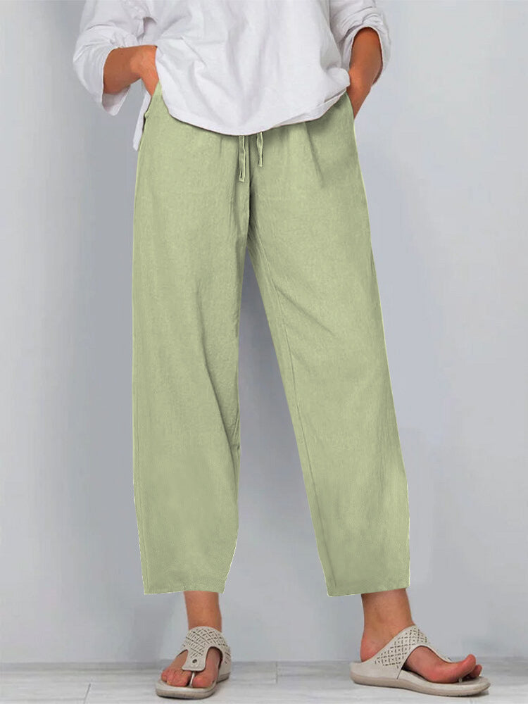 Women’s Wide-Leg Trousers – Relaxed Fit – Cotton Linen – Drawstring Waist – Full Length