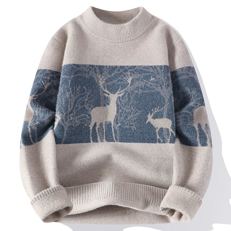 Men’s Pullover Sweater – Loose Fit – Wool Blend Knit – Mock Neck – Deer Pattern