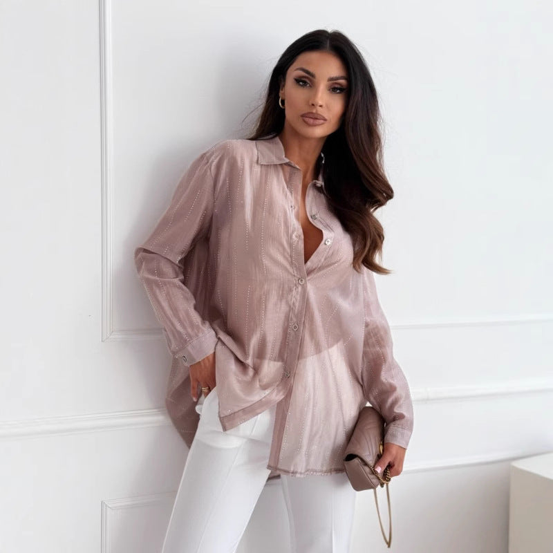 Women’s Long Sleeve Shirt – Oversized Fit – Rhinestone Detail – Button-Down Silky Feel