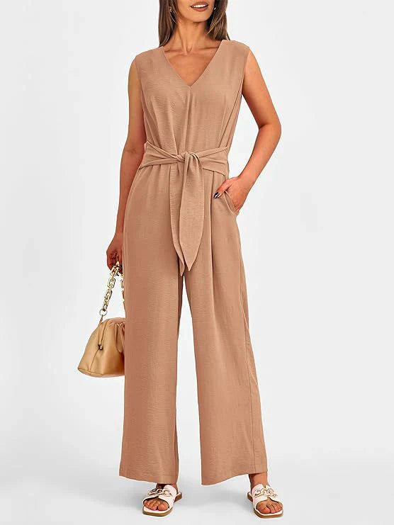 Women’s Jumpsuit – Wide Leg – V-Neck – Waist Tie – Sleeveless Elegant Fit