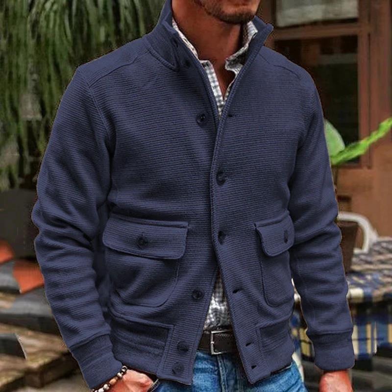 Men’s Jacket – Slim Fit – Textured Fabric – High Collar – Button Front – Flap Pockets