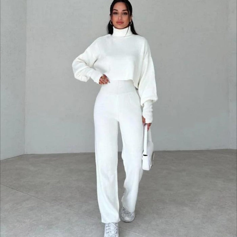 Women’s Lounge Set – Soft Knit – High Neck Top – Wide Leg – Relaxed Fit