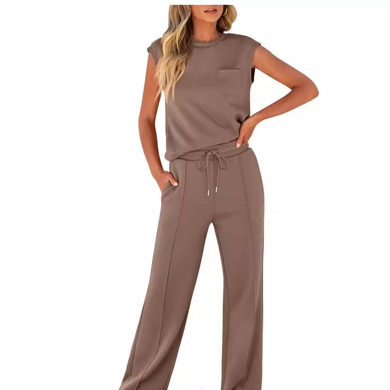 Women’s Two-Piece Set – Sleeveless Top – Drawstring Waist – Relaxed Fit Cotton Blend