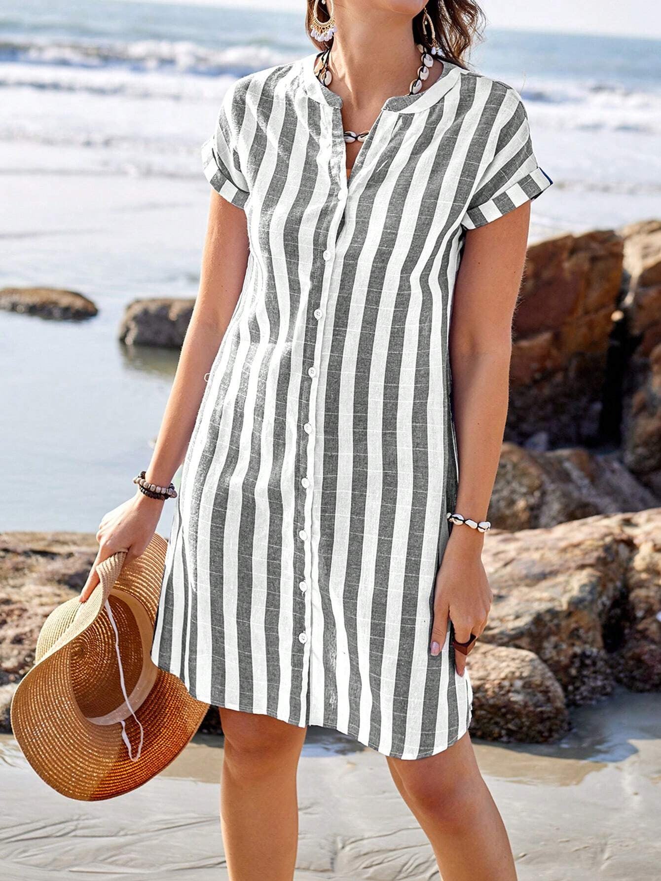 Women’s Shirt Dress – Relaxed Fit – Cotton Blend – Vertical Stripes – Short Sleeve