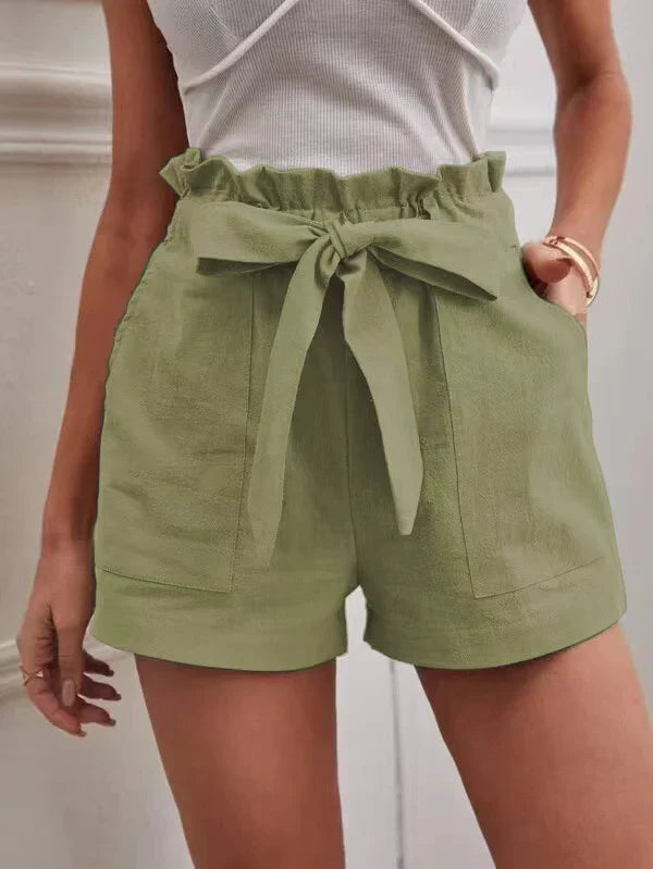 Women’s Shorts – Linen – High Waist – Paper bag Style – Loose Fit – Belted Casual