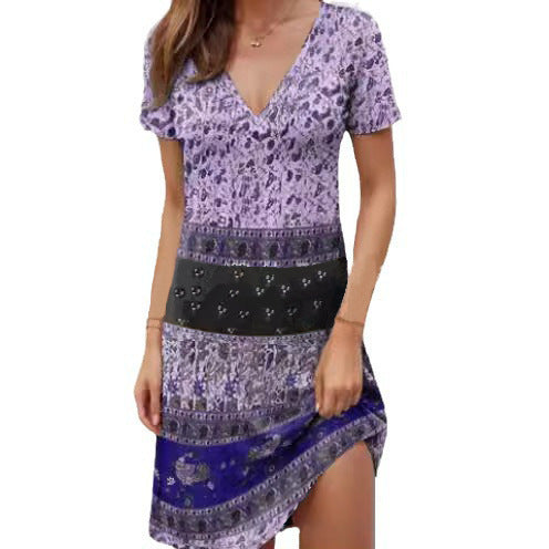 Women’s Mini Dress – Boho Patchwork – Relaxed Fit – Deep V-Neck – Cotton