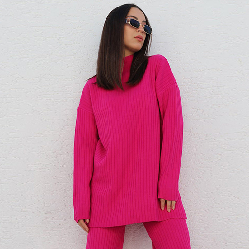 Women’s Knit Set – Ribbed Two-Piece – Relaxed Fit – Semi-High Neck – Full Length