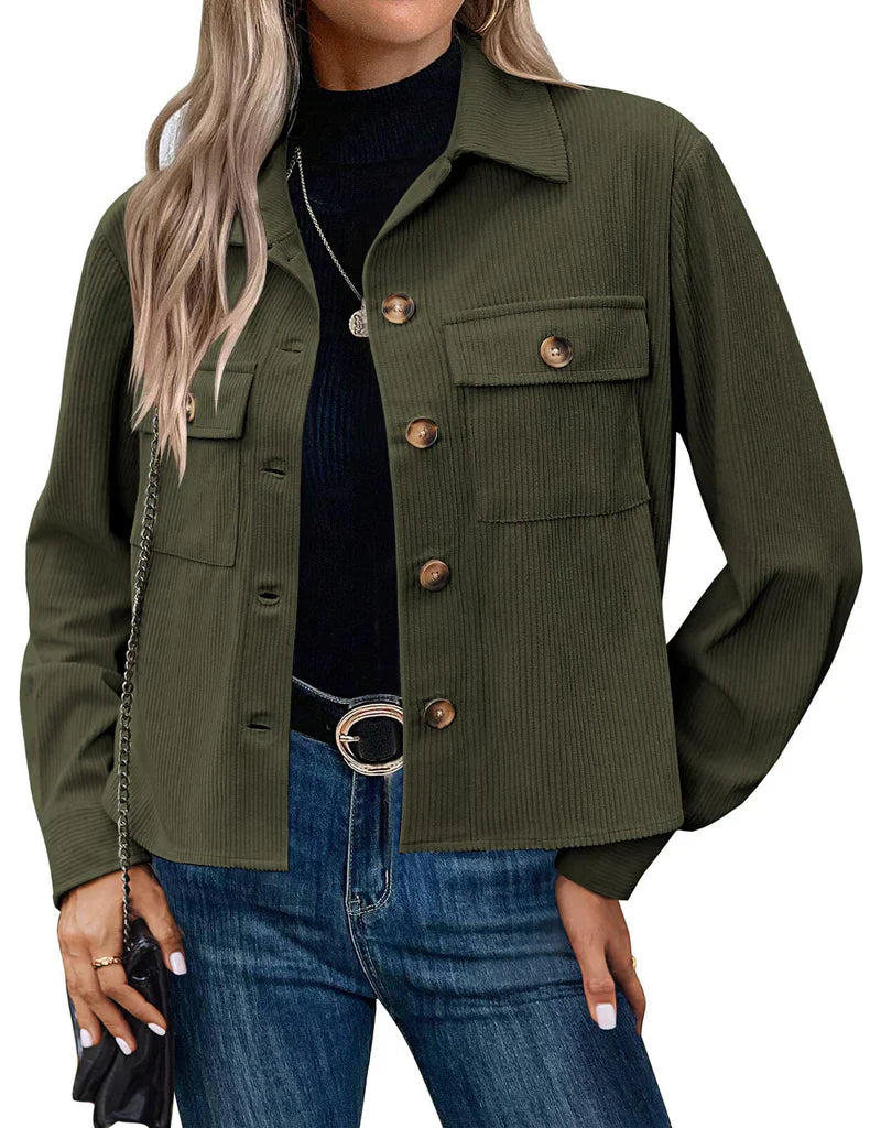 Women’s Utility Jacket – Relaxed Fit – Ribbed Texture – Button Front – Chest Pockets