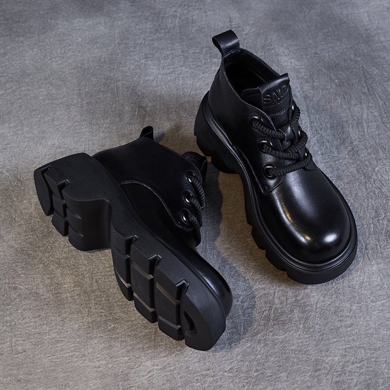 Women’s Ankle Boots – Genuine Leather – High-Top – Chunky Sole – Lace-Up Closure