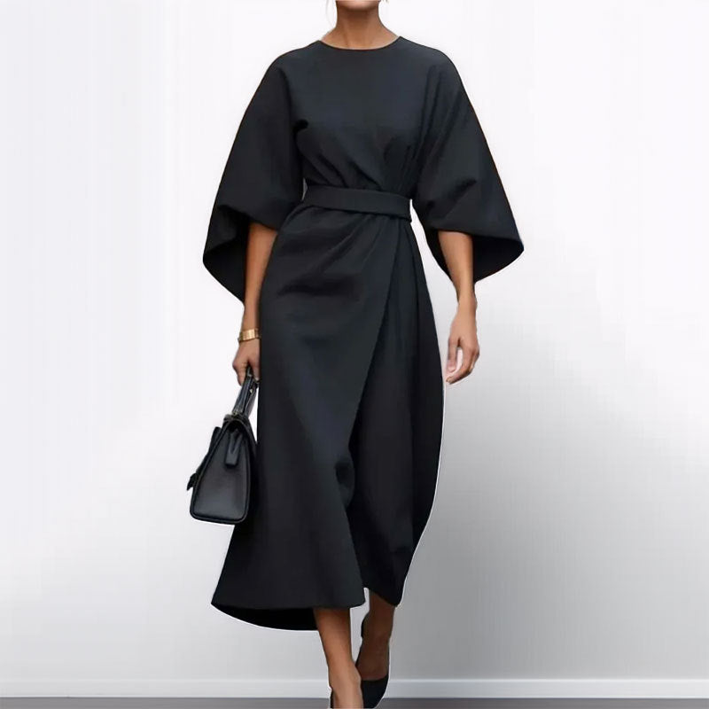 Women’s Long Dress – Satin Feel – Batwing Sleeve – Fitted Waist – Draped Silhouette