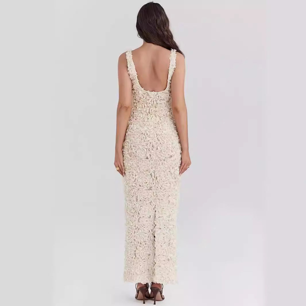 Women’s Evening Dress – Slim Fit – 3D Floral Texture – Plunging Neckline – Ankle Length