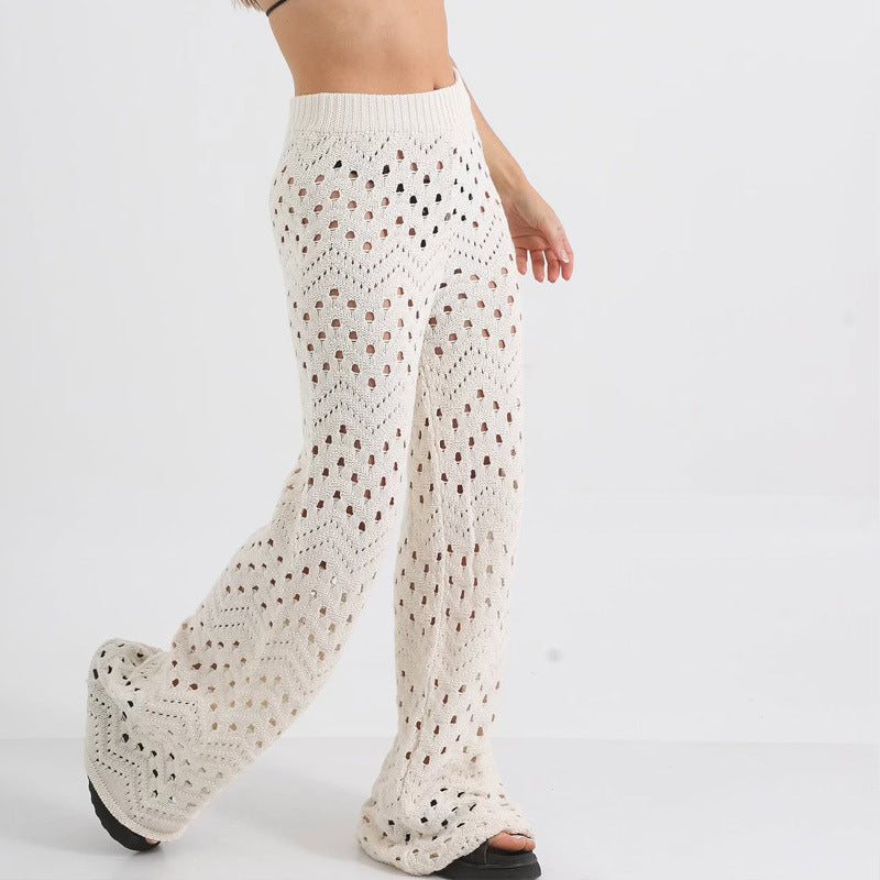 Women’s Knit Two-Piece Set – Open Front Short Sleeve Top – Wide Leg High Waist Trousers