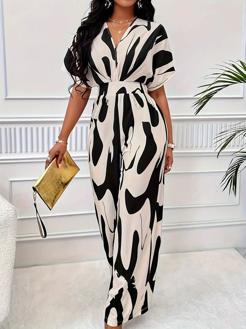 Women’s Jumpsuit – V-Neck – Short Sleeve – Cinched Waist – Wide Leg – Abstract Print