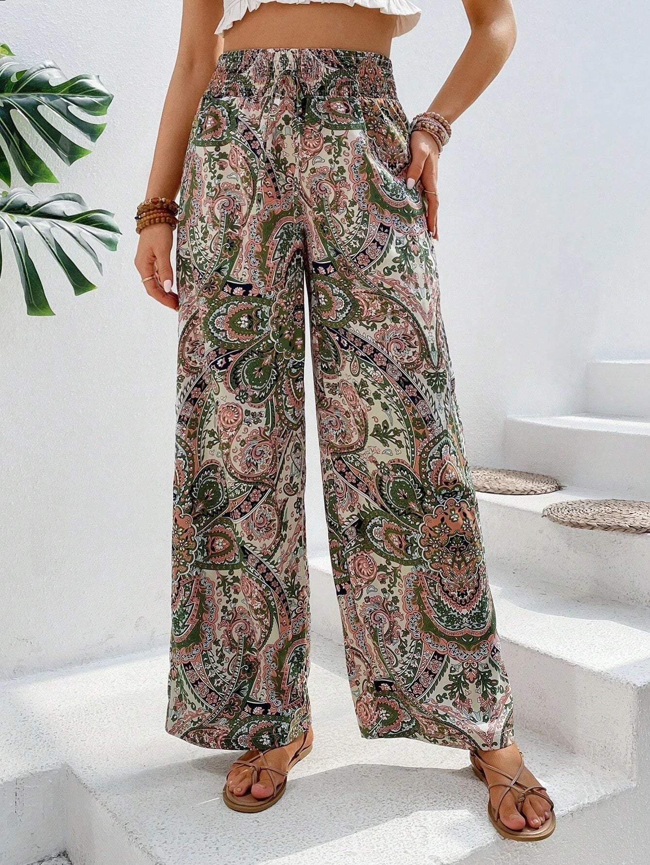 Women’s Wide-Leg Trousers – Relaxed Fit – Elastic Waist – Breathable Blend – Boho Print