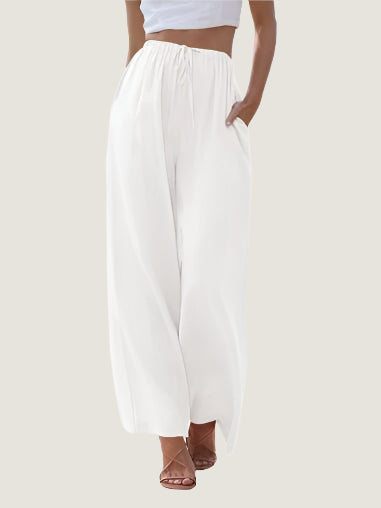 Women’s Wide-Leg Trousers – Linen Blend – Relaxed Fit – Drawstring Waist – Full Length
