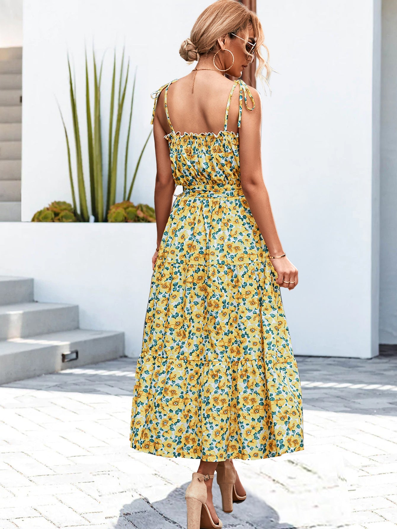 Women's Sundress - Floral Print - Square Neck - Tie-Strap - Cinched Waist - Midi Length