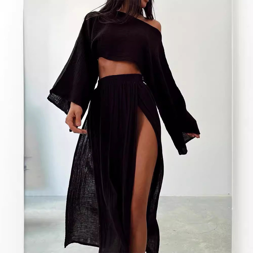 Women’s Two-Piece Set – Relaxed Fit – Boat Neck – 3/4 Wide Sleeves – High Slit Maxi Skirt