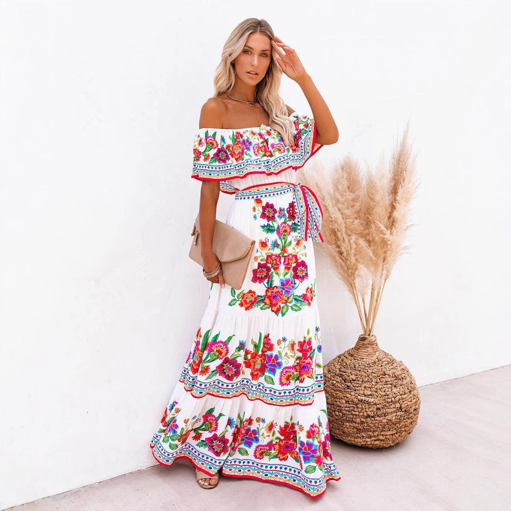 Women’s Maxi Dress – Off-Shoulder Ruffle Top – Floral Print – Cotton Blend – Belted Fit