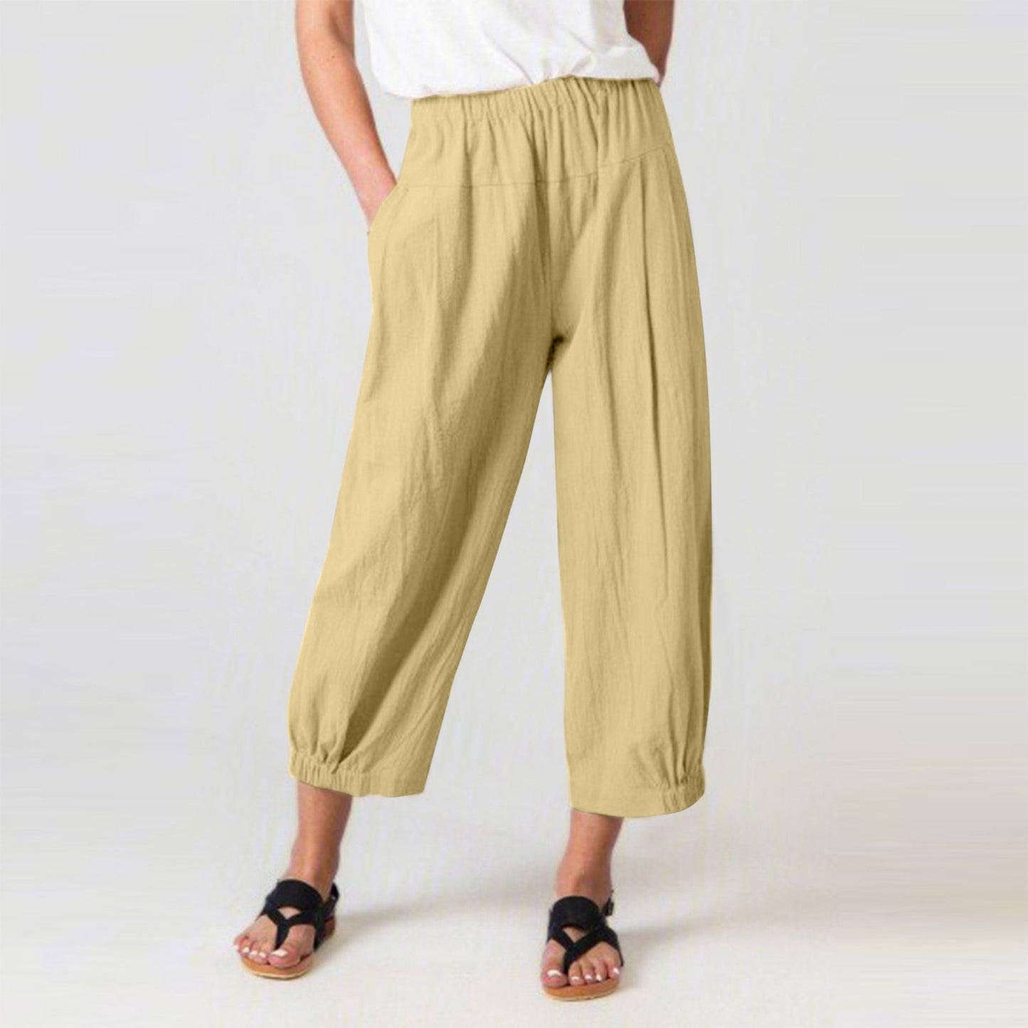 Women’s Harem Pants – Cotton Linen Blend – High Waist – Cropped Relaxed Fit – Side Pockets
