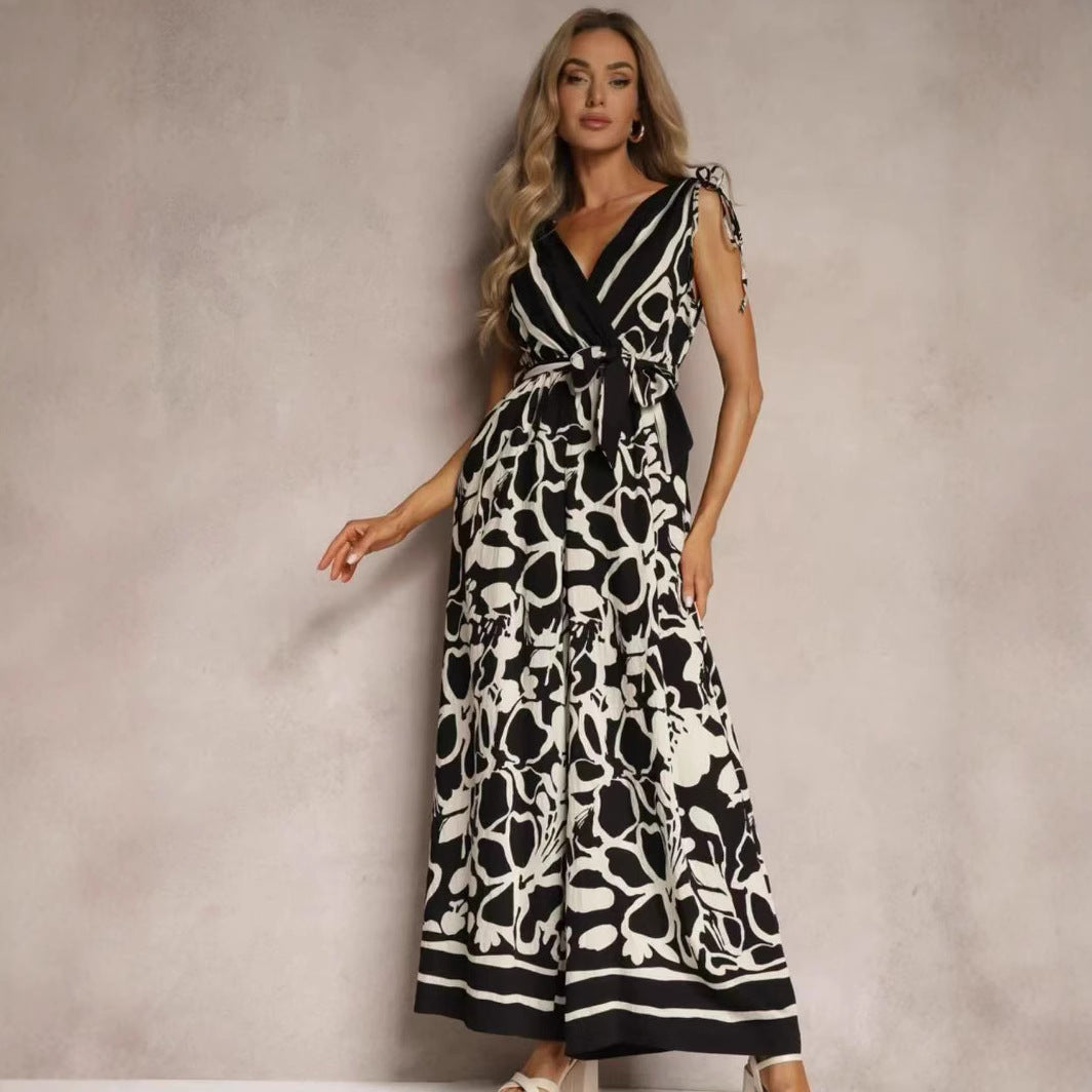 Women’s Jumpsuit – Lightweight Woven Fabric – Sleeveless V-Neck – Tie Waist – Printed Full Length