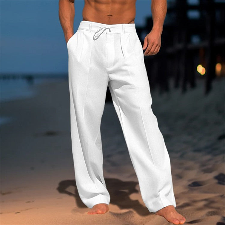 Men’s Linen Trousers – Relaxed Fit – Drawstring Waist – Pleated Front – Full Length