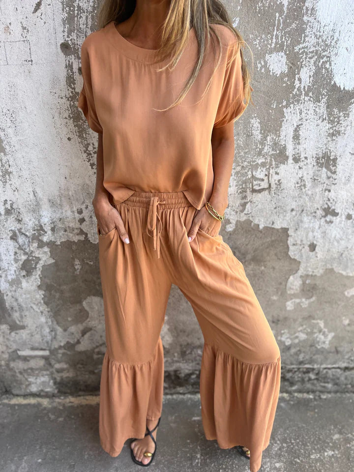 Women’s Two-Piece Suit Set – Relaxed Fit – Short Sleeve Top – Wide Leg Trousers – Cotton Linen