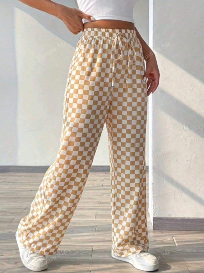 Women’s Wide-Leg Trousers – Relaxed Fit – Checkered Print – Elastic Waist with Drawstring