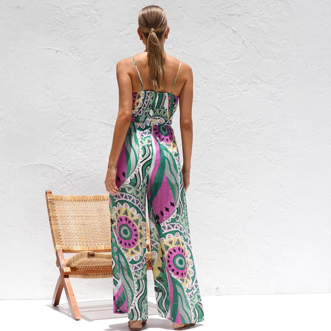 Women’s Jumpsuit – Wide Leg – Spaghetti Strap – Front Cut-Out – Lightweight Cotton