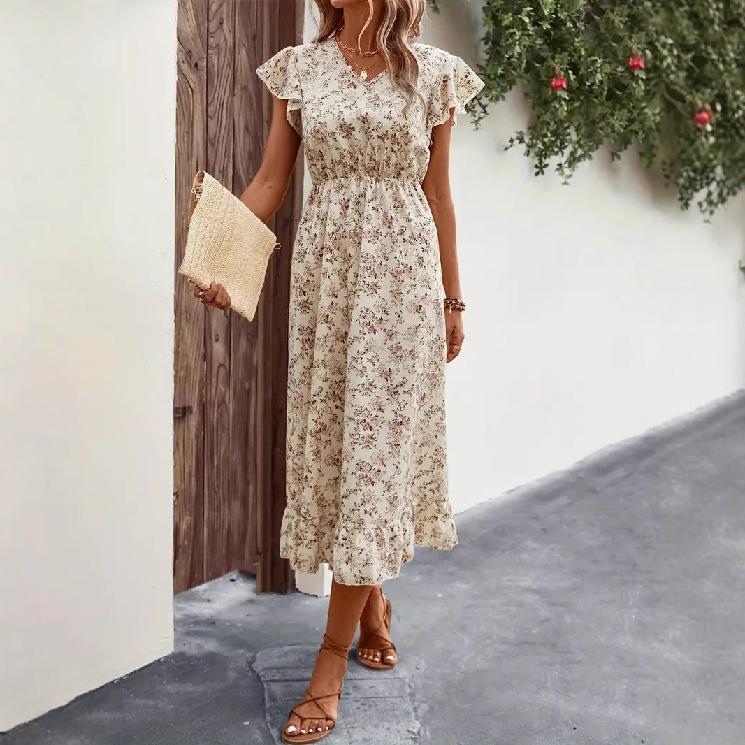 Women’s Midi Dress – Cotton Blend – V-Neck – Flutter Sleeve – Ruffled Hem – A-Line Fit