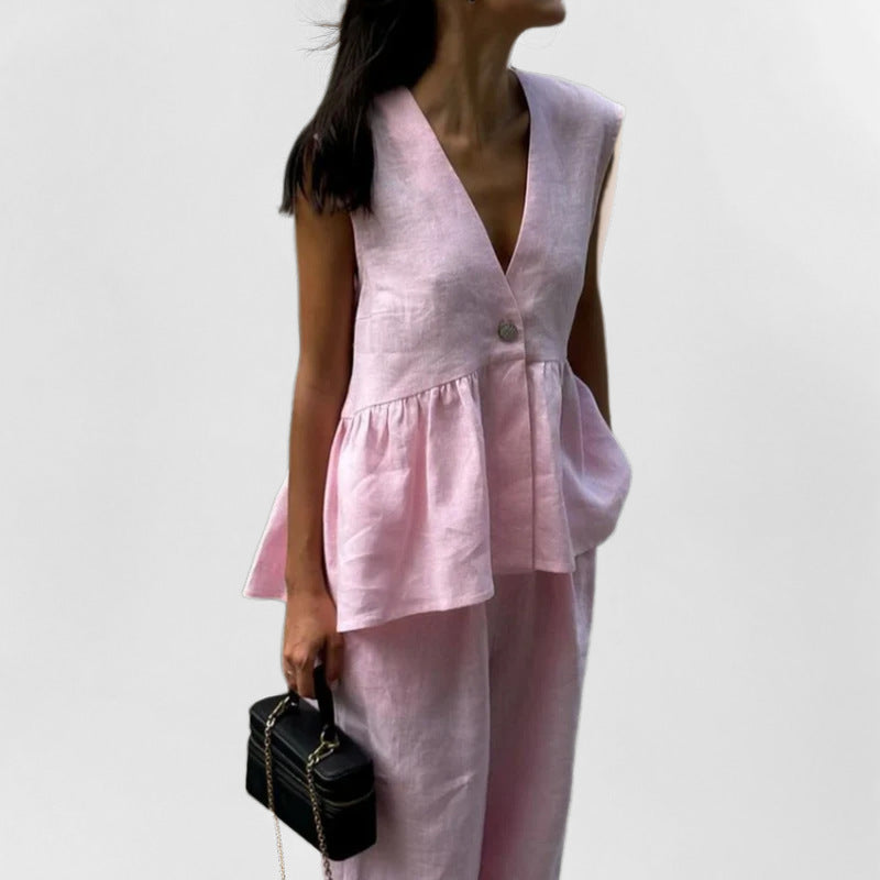Women’s Vest and Pants Set – Linen Blend – Peplum Waist – High-Waist Wide-Leg