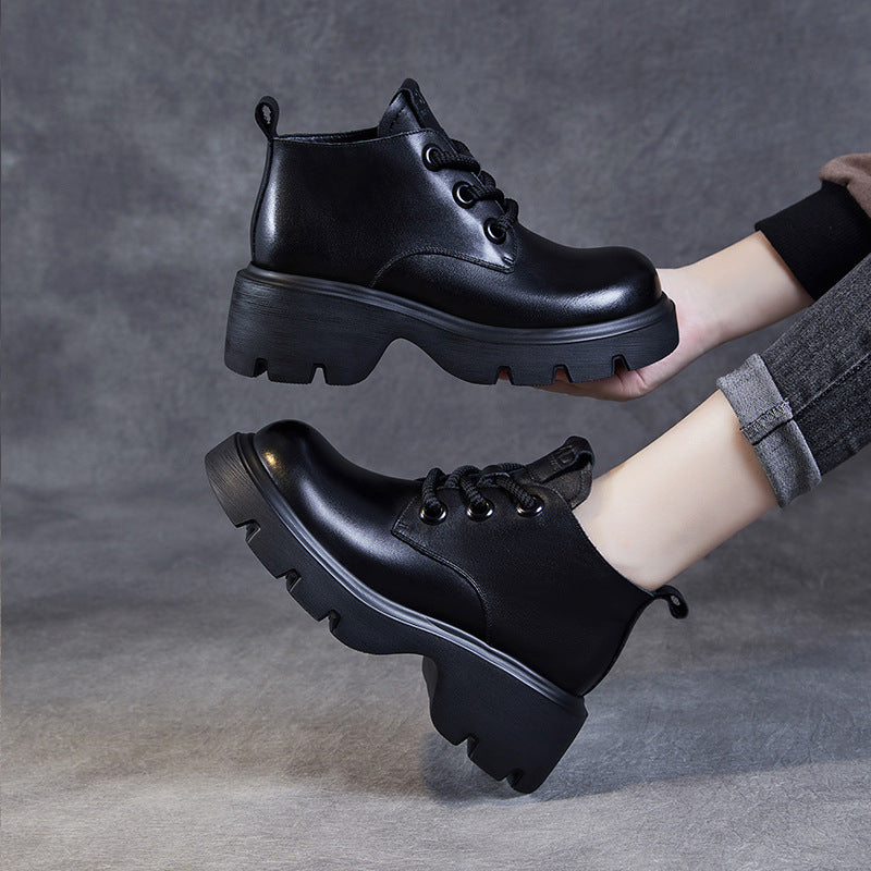 Women’s Ankle Boots – Genuine Leather – High-Top – Chunky Sole – Lace-Up Closure