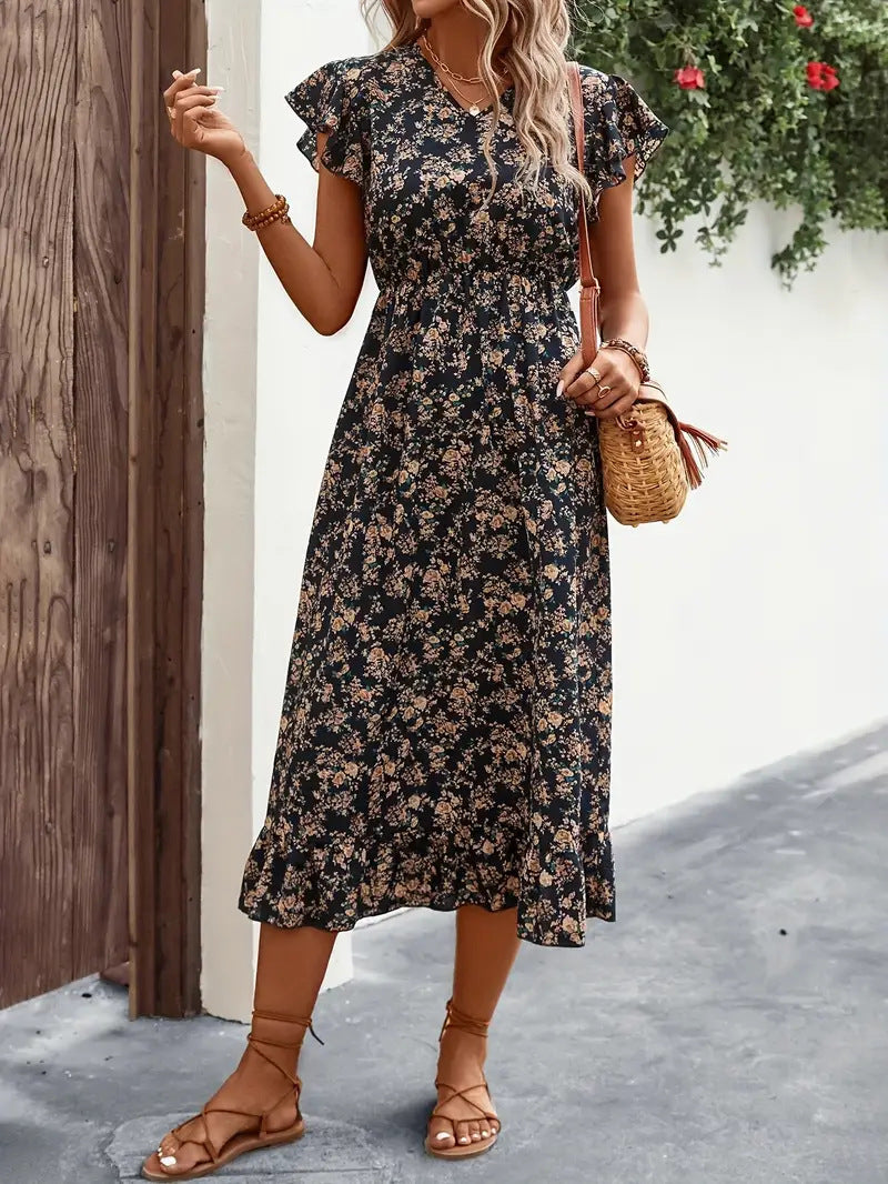 Women’s Midi Dress – Cotton Blend – V-Neck – Flutter Sleeve – Ruffled Hem – A-Line Fit