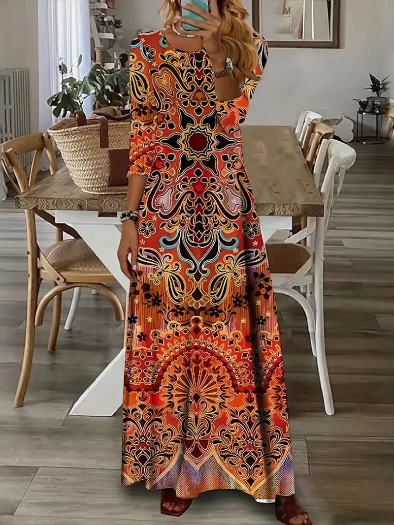 Women’s Maxi Dress – V-Neck – Long Sleeve – Ornate Pattern – Relaxed Fit – Ankle Length