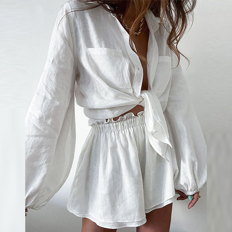 Women’s Two-Piece Set – Lightweight Cotton Blend – Tie-Front Blouse – Ruffled Shorts