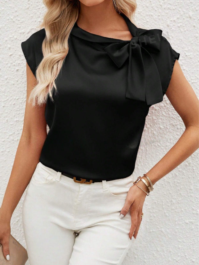 Women’s Satin Blouse – Relaxed Fit – Half Collar – Bow Neck – Cap Sleeve Elegant Top