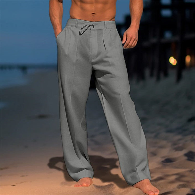 Men’s Linen Trousers – Relaxed Fit – Drawstring Waist – Pleated Front – Full Length