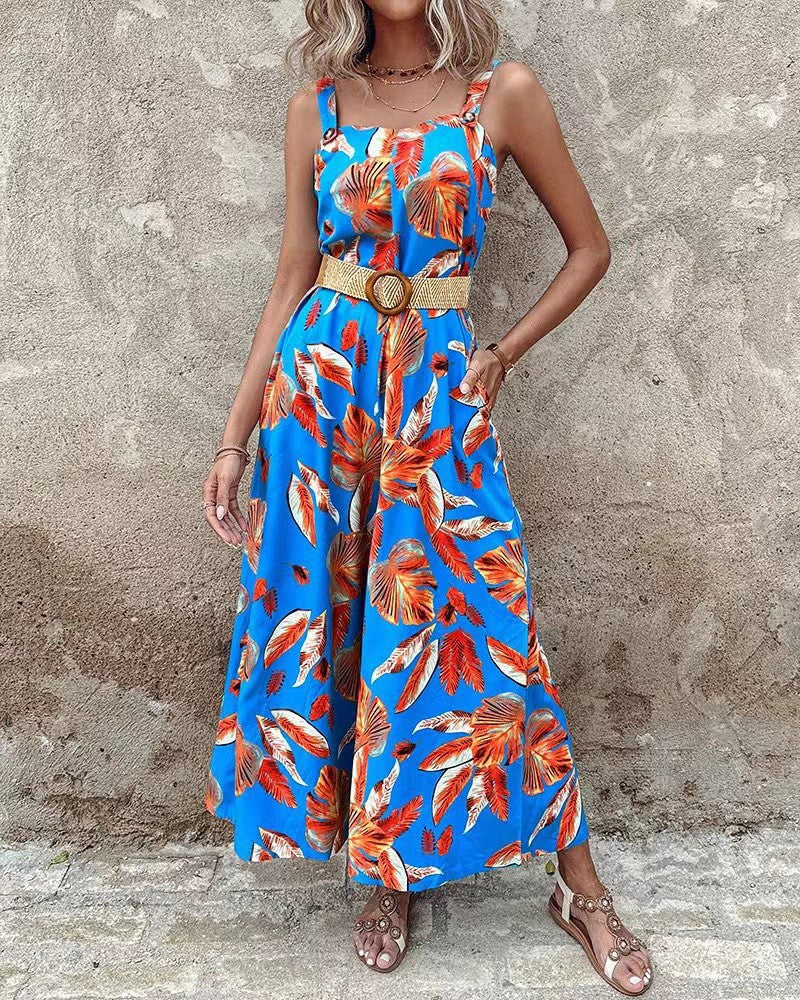 Women’s Jumpsuit – Tailored Waist – Floral Print – Wide Leg – Breathable Blend