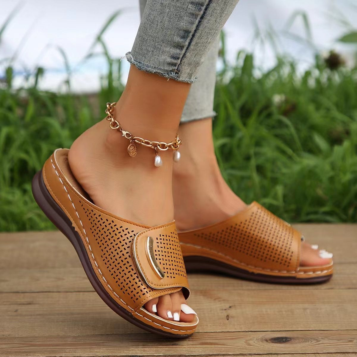 Women’s Wedge Sandals – Faux Leather – Wide Perforated Strap – Slip-On Comfort