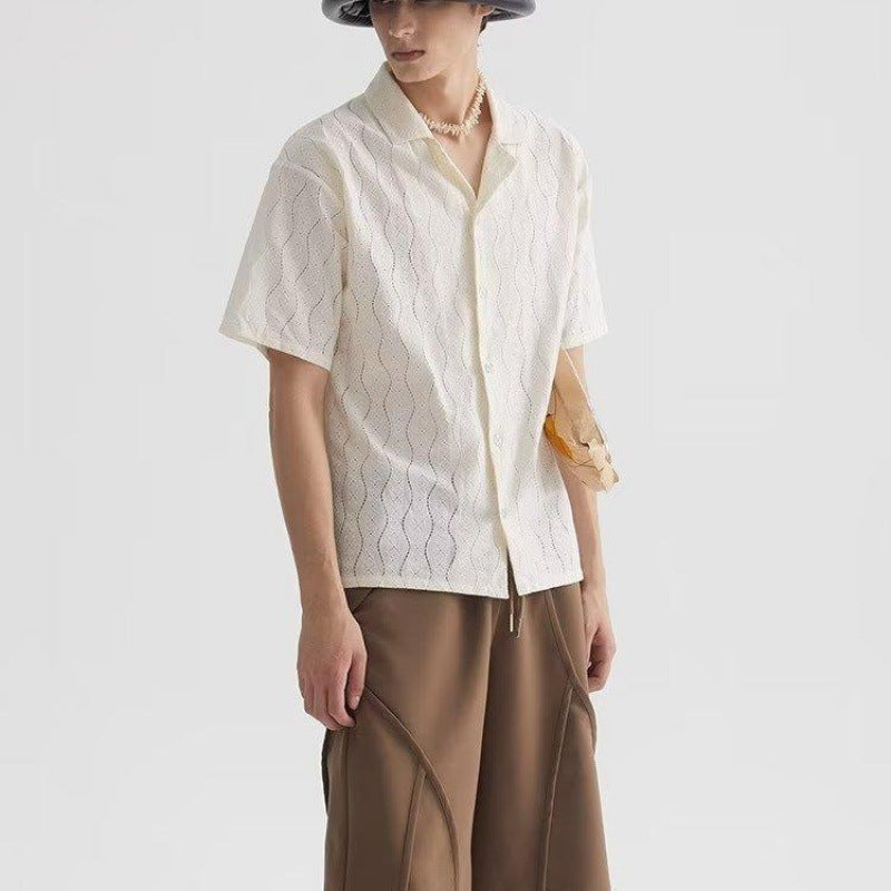Men’s Short Sleeve Shirt – Cotton Blend – Oversized Fit – Cuban Collar – Lace Detail