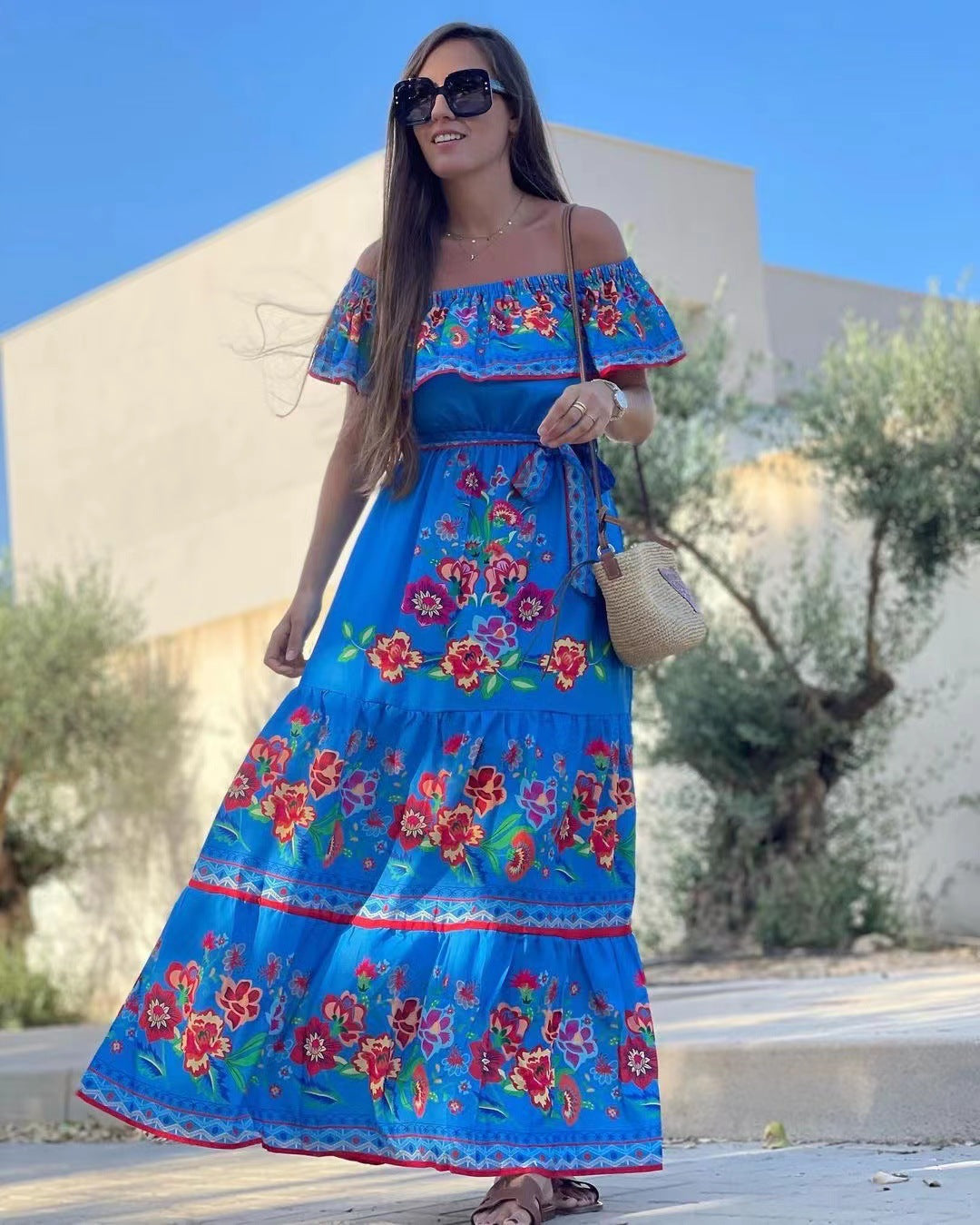 Women’s Maxi Dress – Off-Shoulder Ruffle Neckline – Floral Print – Tiered Skirt – Belted Waist