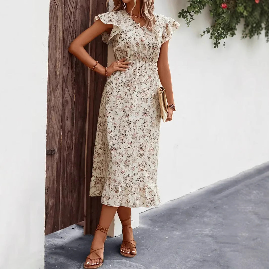 Women’s Midi Dress – Cotton Blend – V-Neck – Flutter Sleeve – Ruffled Hem – A-Line Fit