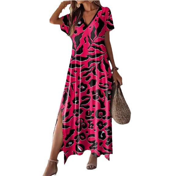 Women’s Maxi Dress – Relaxed Fit – V-Neck – Short Sleeve – Side Slit