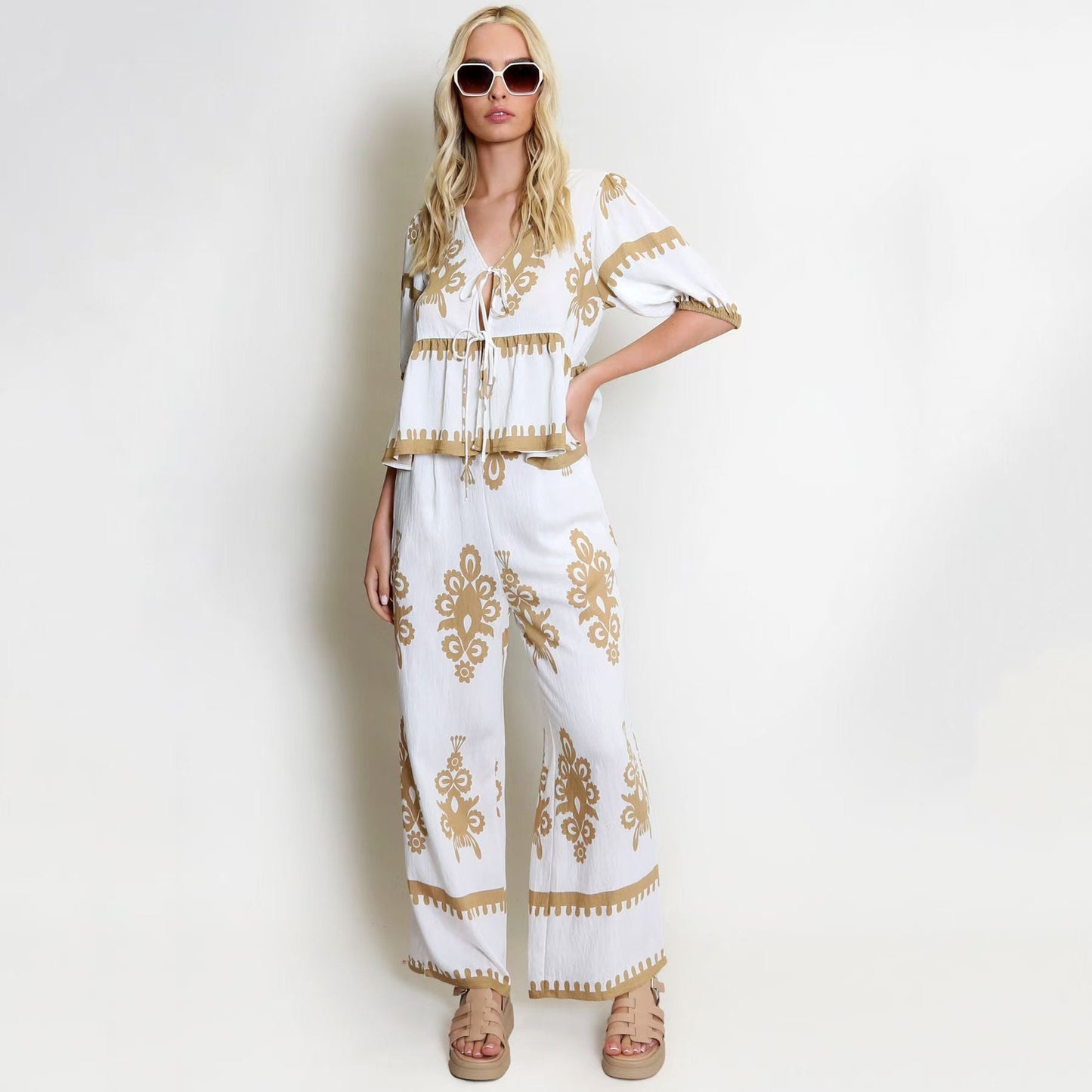 Women's Two-Piece Set – Lightweight Relaxed Fit Tie-Front Top and Wide-Leg Trousers
