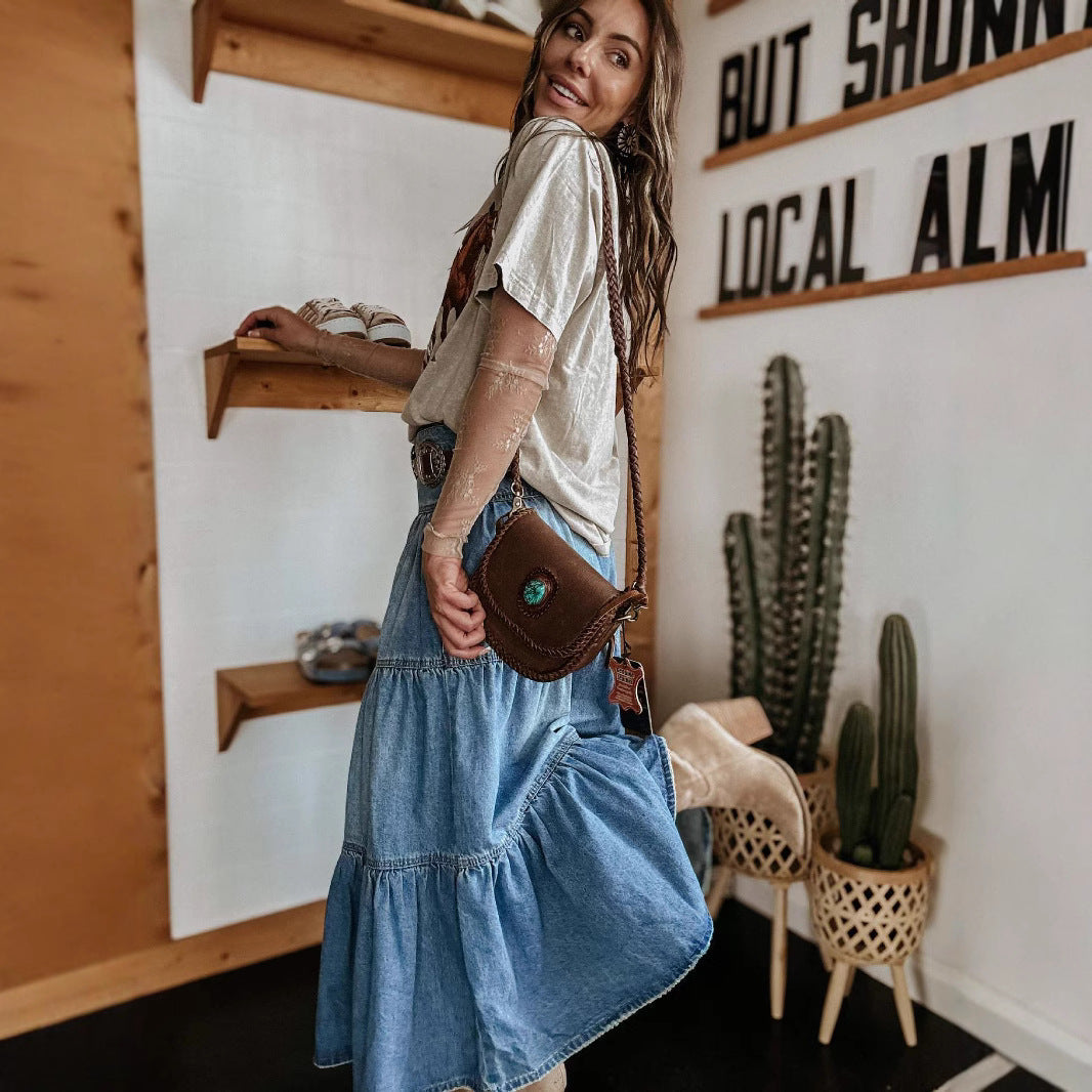 Women’s Denim Skirt – A-Line Fit – Tiered Midi Length – Button Front – Boho Style