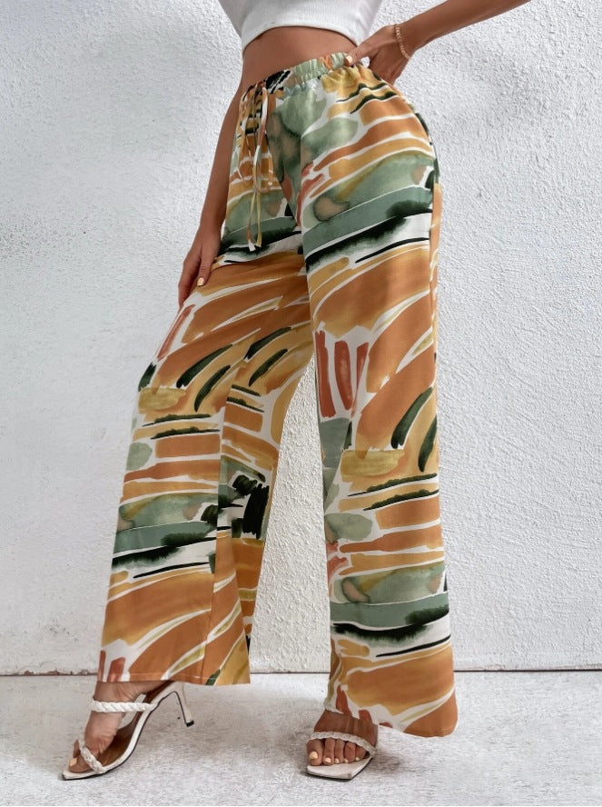 Women’s Wide-Leg Trousers – High Waist – Abstract Print – Full Length – Elastic Waist