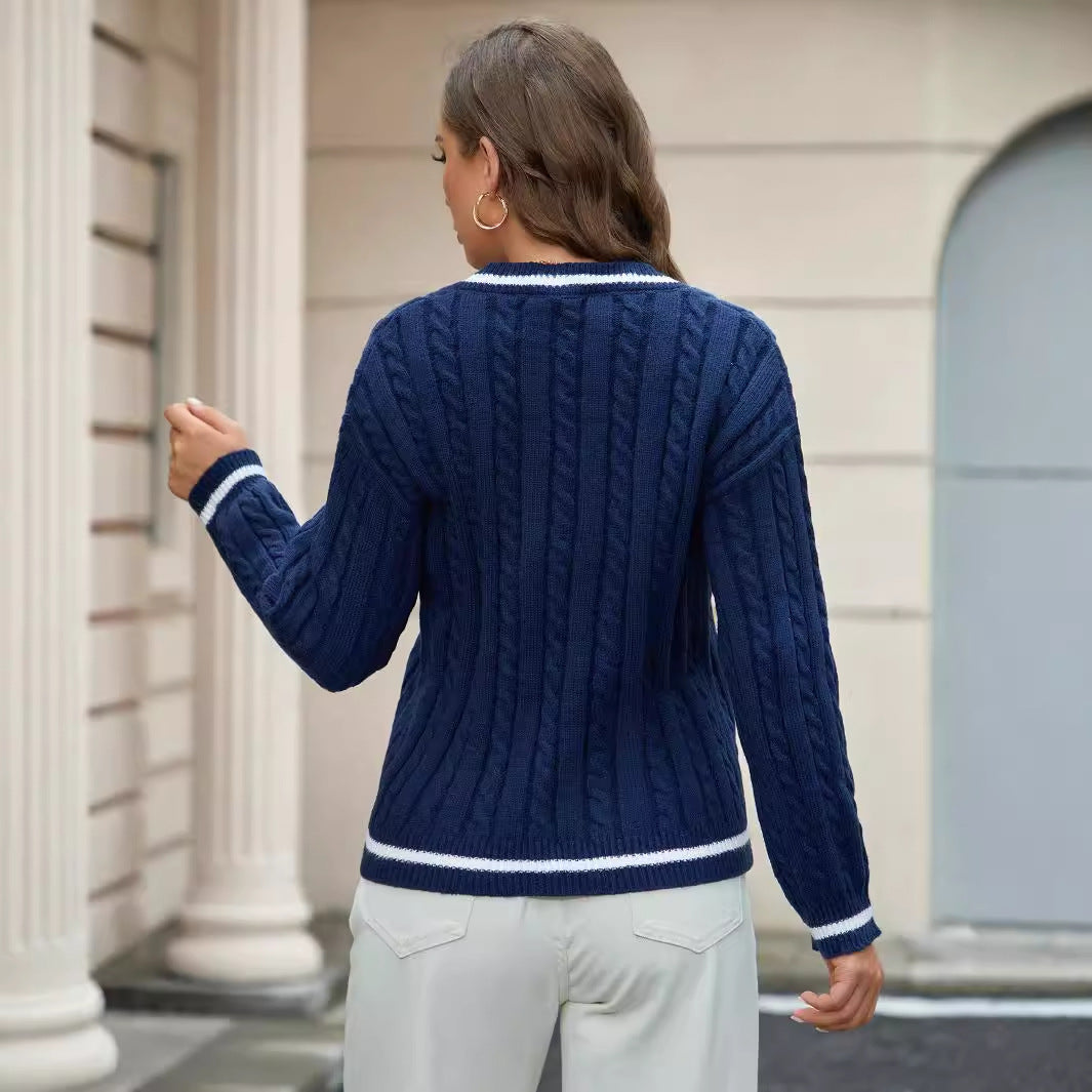 Women’s V-Neck Sweater – Relaxed Fit – Cable Knit – Ribbed Hem – Soft Textured Feel
