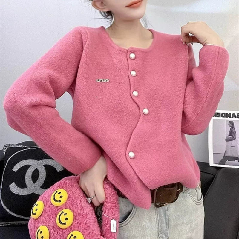 Women’s Knitted Cardigan – Relaxed Fit – Wool Blend – Pearl Button Front – Long Sleeve